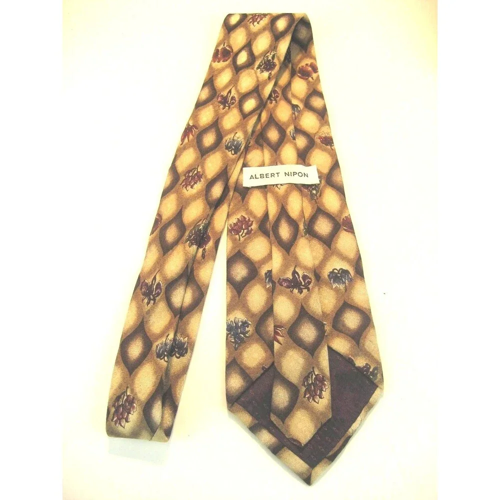 Albert Nippon Brown 100% Silk Necktie Geometric Design